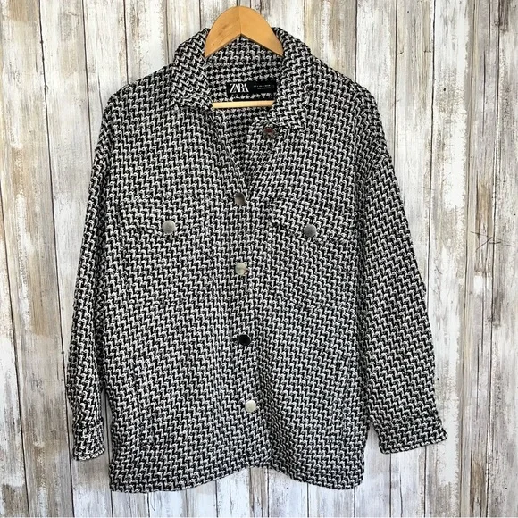 Zara Black White Tweed Shacket Overshirt Jacket Frayed Textured Women Large NWT - Picture 2 of 6